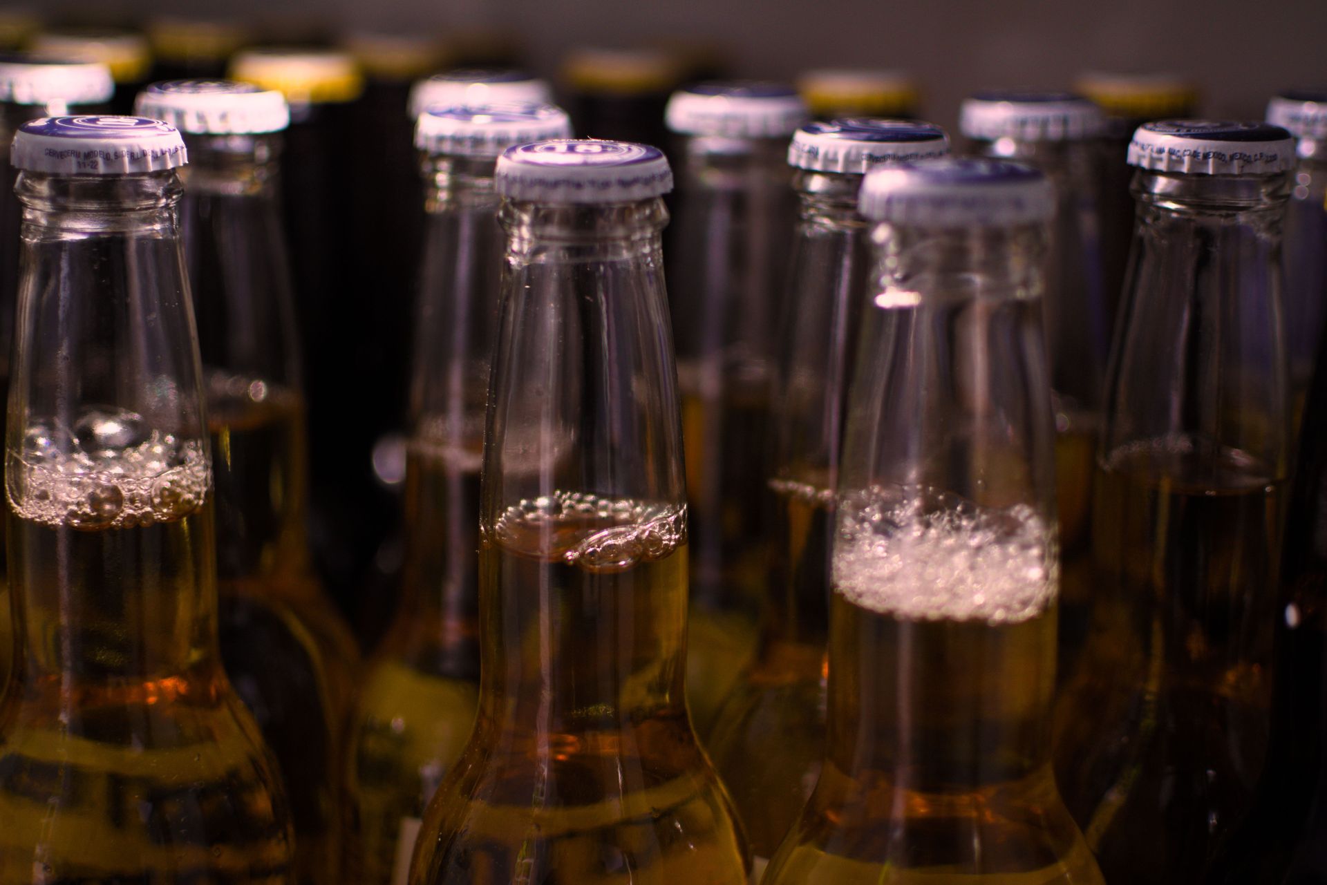 A close-up shot of capped beer bottles with visible carbonation, perfect for brewery or pub themes.