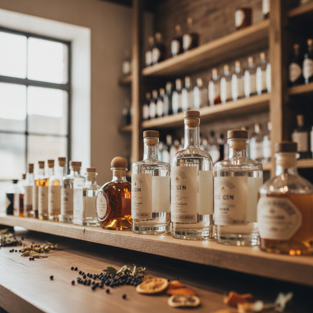 gin bottles on display, store